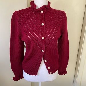 Women’s Small Wool Hand-made sweater in cranberry with ruffled collar.